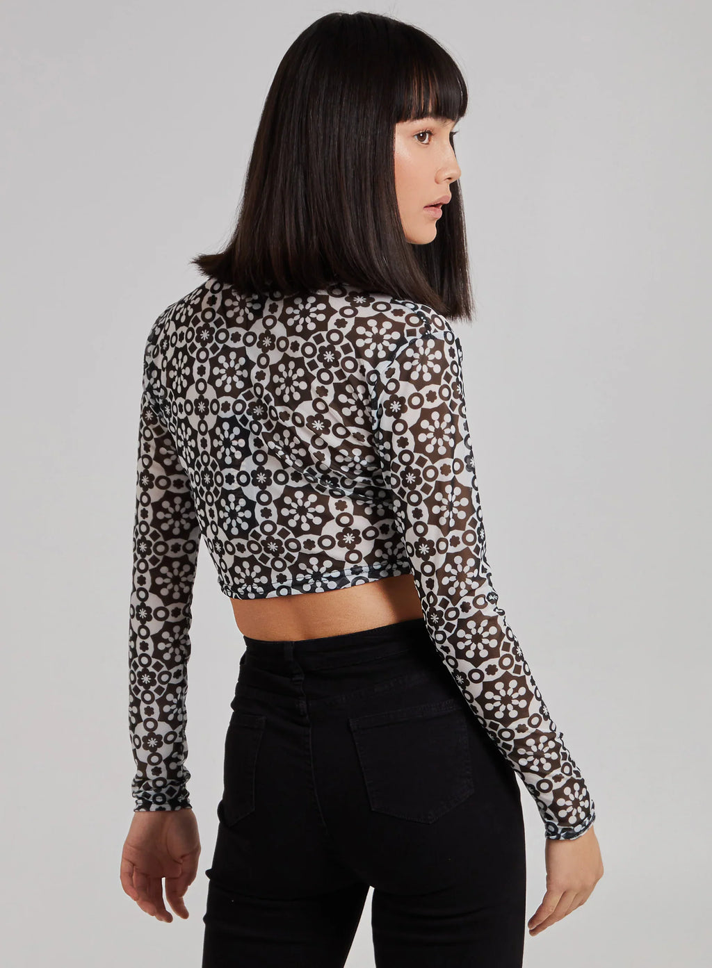 Geometric Print Mesh Button Up Top