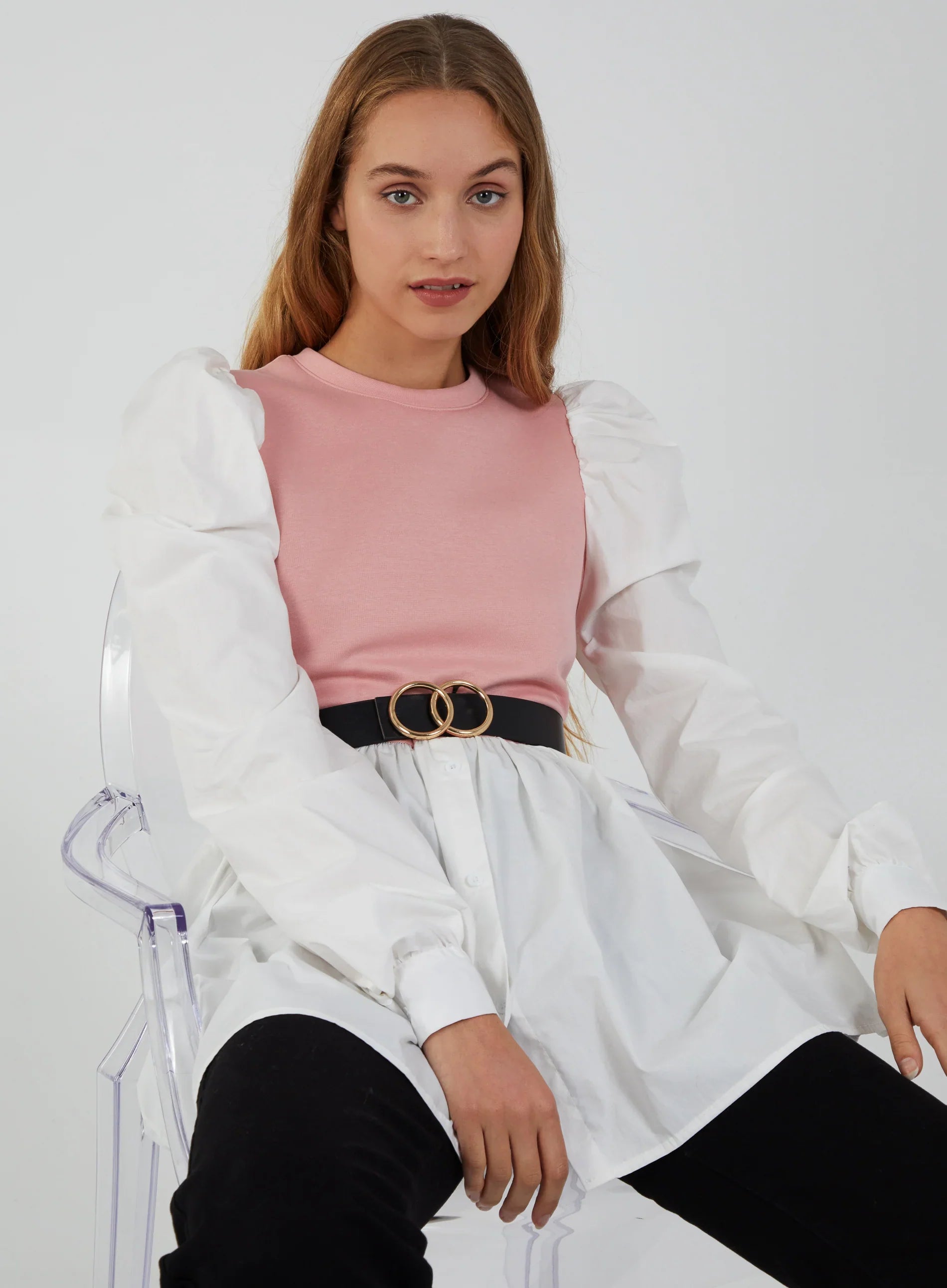 2-1 Puff Sleeve Shirt & Jumper Belted Top