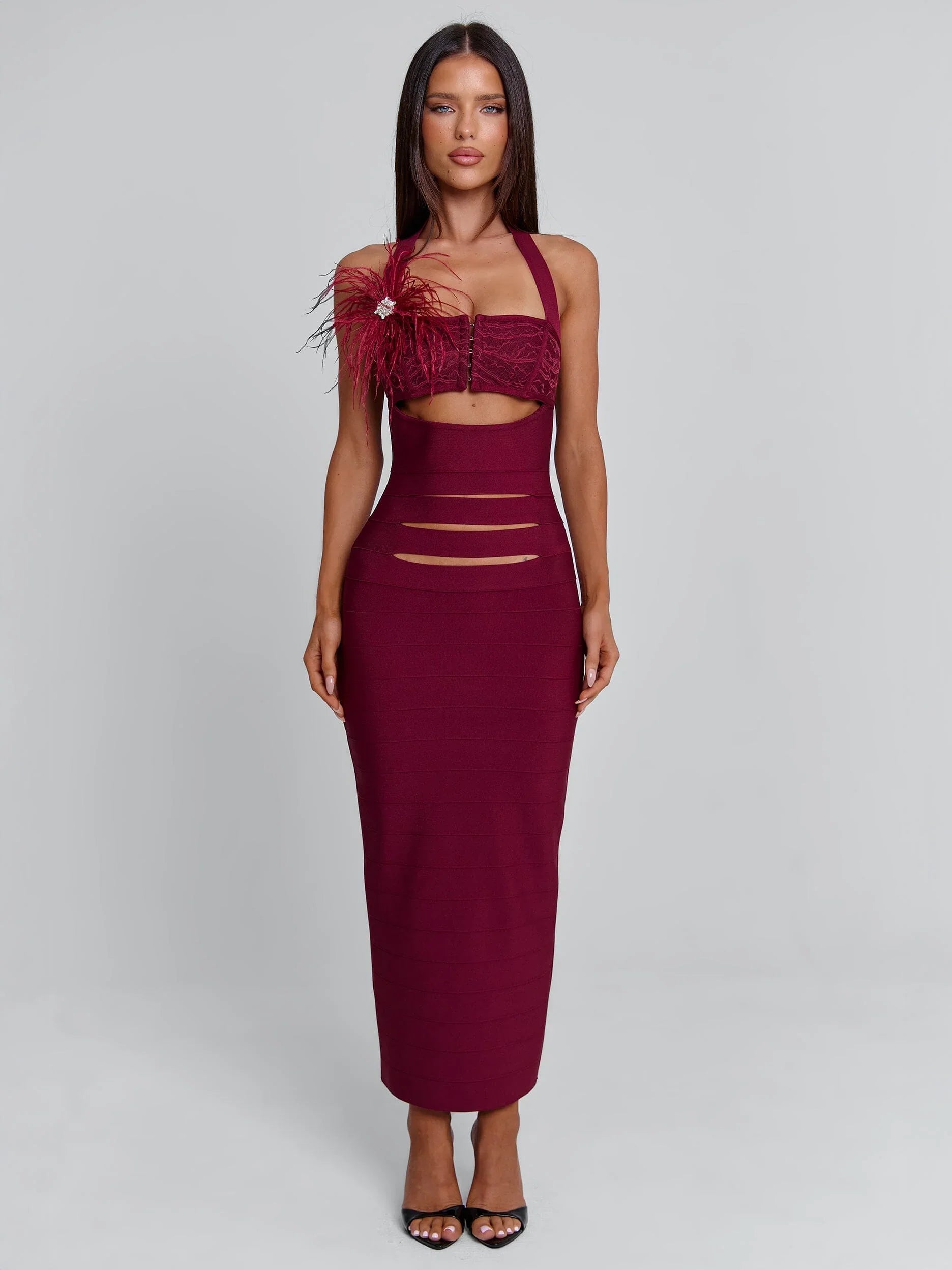 LUNABELLE MIDI DRESS BURGUNDY