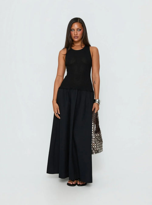 Carlene Shirred Drop Waist Maxi Dress Black