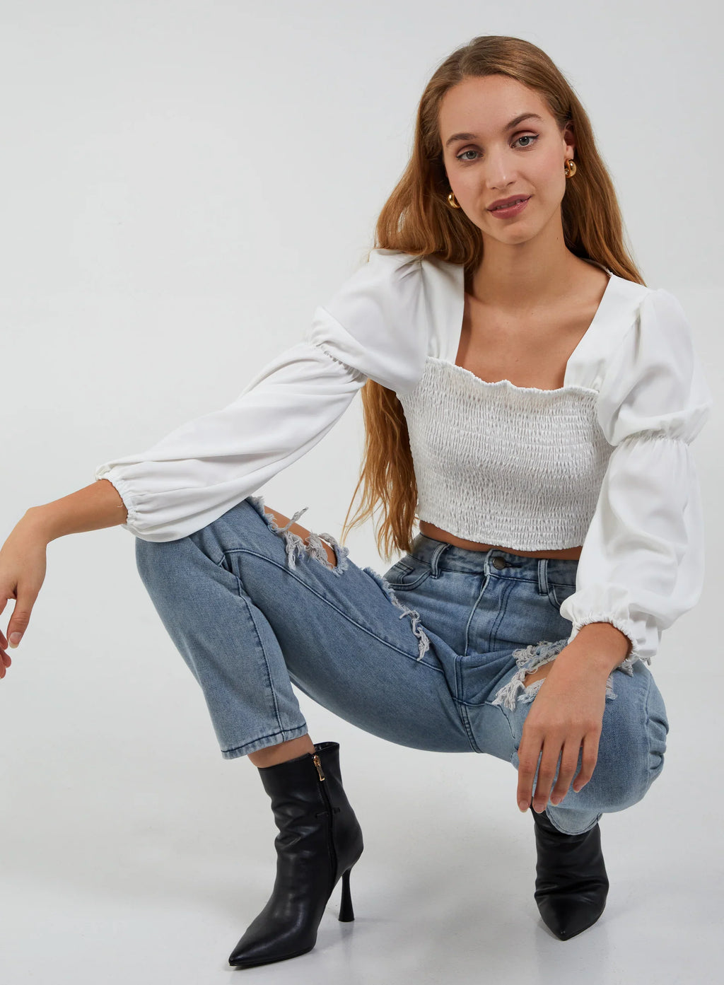 Cropped Ruched Top With Balloon Sleeves