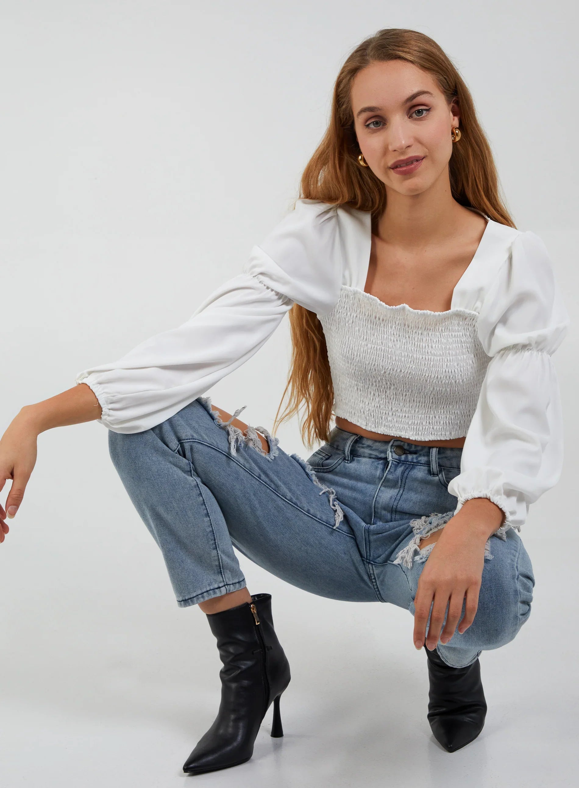Cropped Ruched Top With Balloon Sleeves