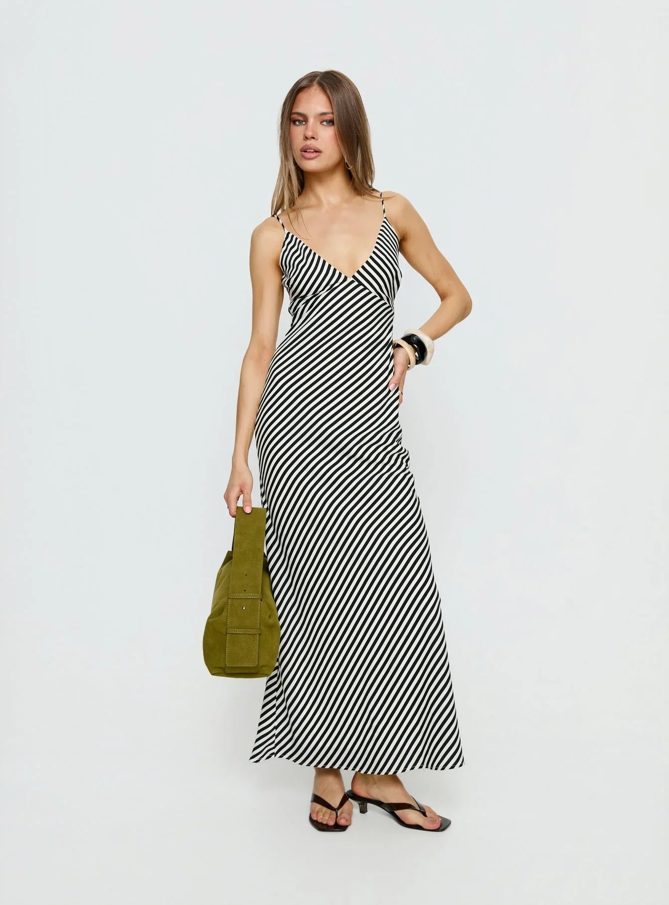 Lesondo V Neck Maxi Dress Black / White Stripe