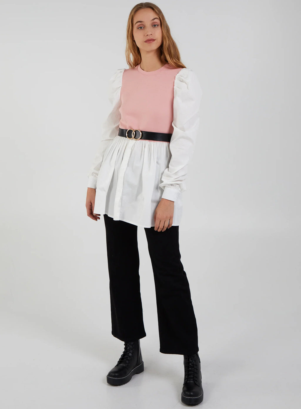 2-1 Puff Sleeve Shirt & Jumper Belted Top