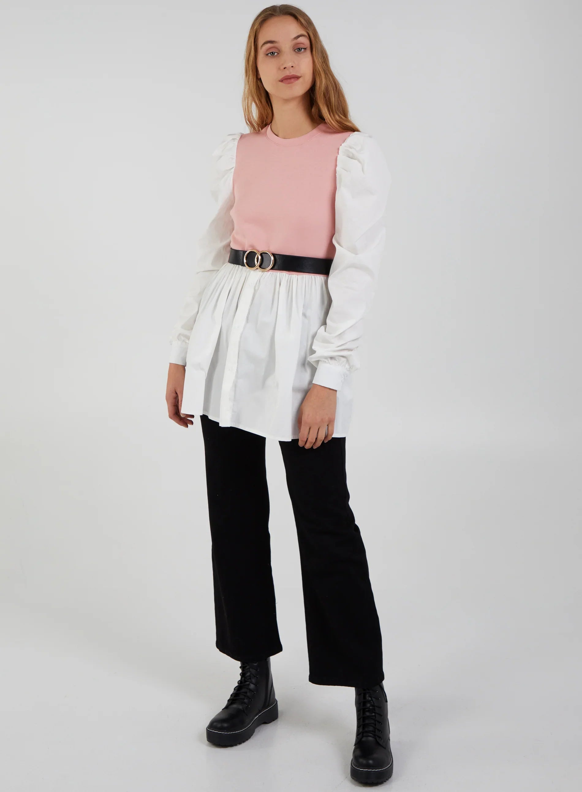 2-1 Puff Sleeve Shirt & Jumper Belted Top