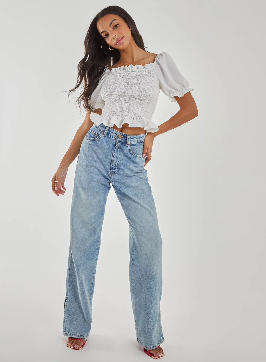Puff Sleeve Square Neck Shirred Top