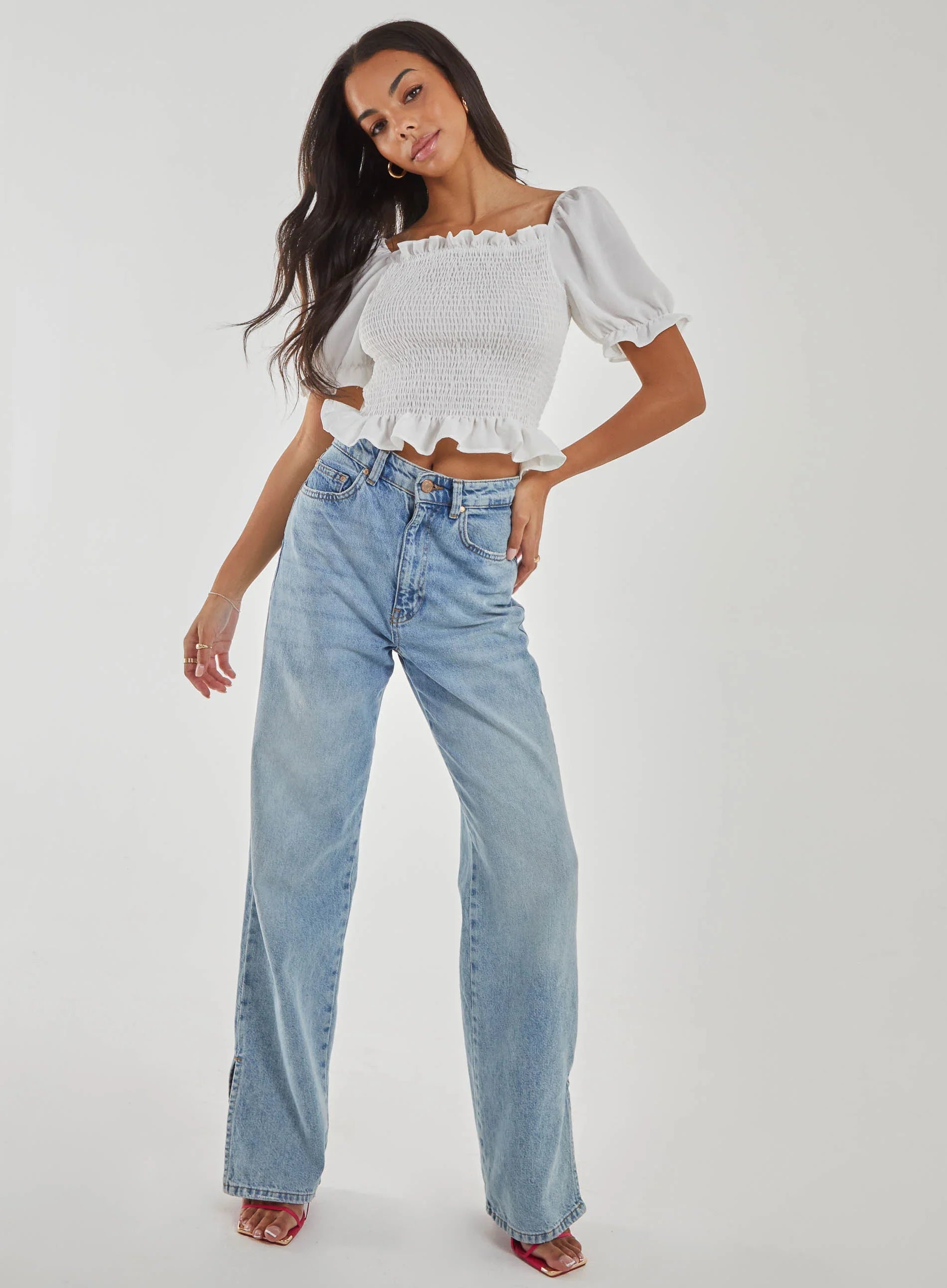 Puff Sleeve Square Neck Shirred Top