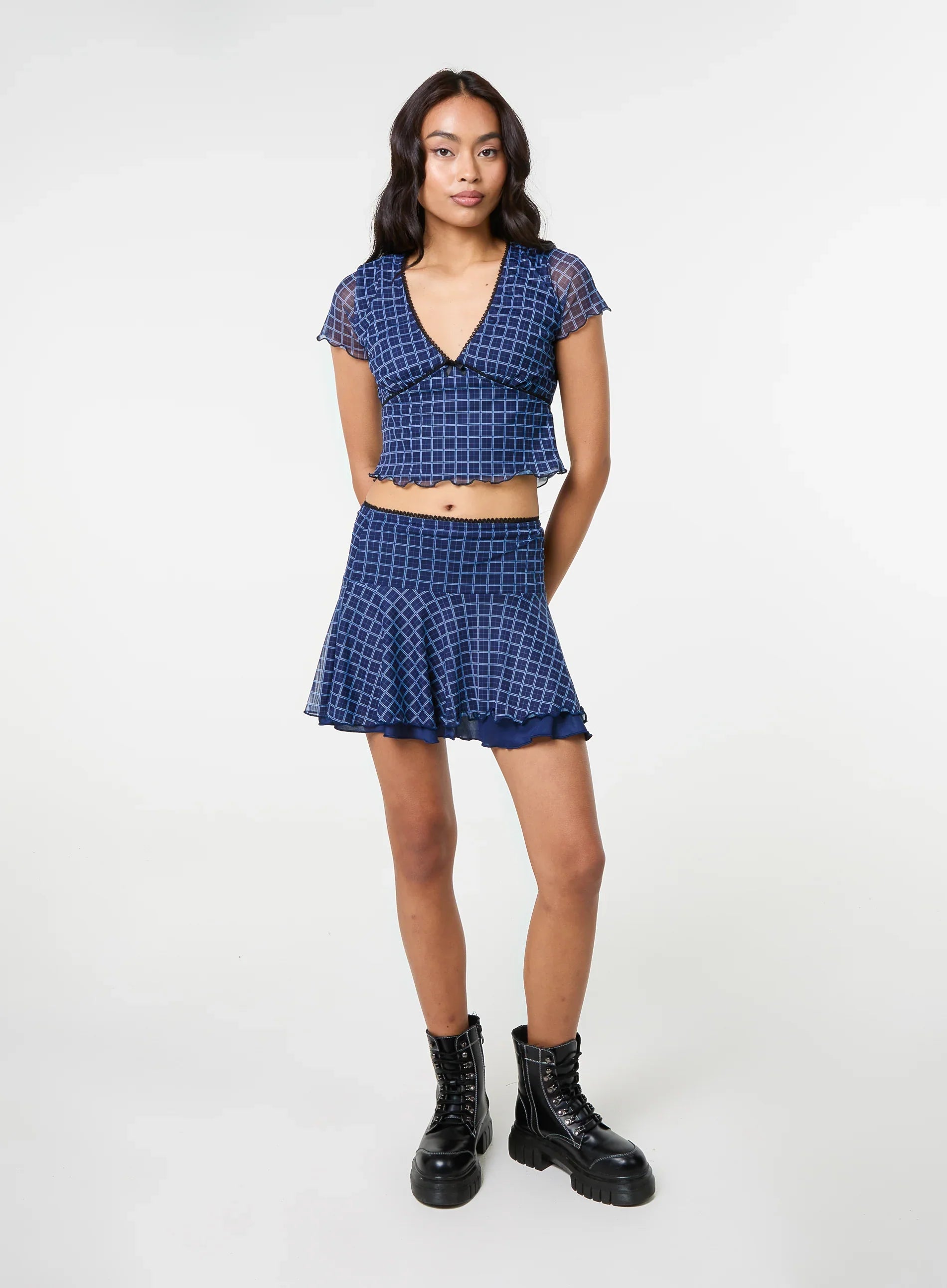 Check Cap Sleeve Crop Top