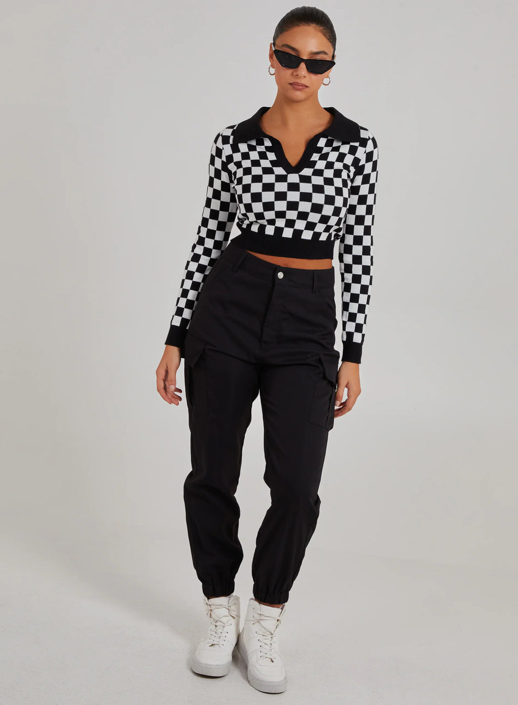 Notch Collar Checkered Top