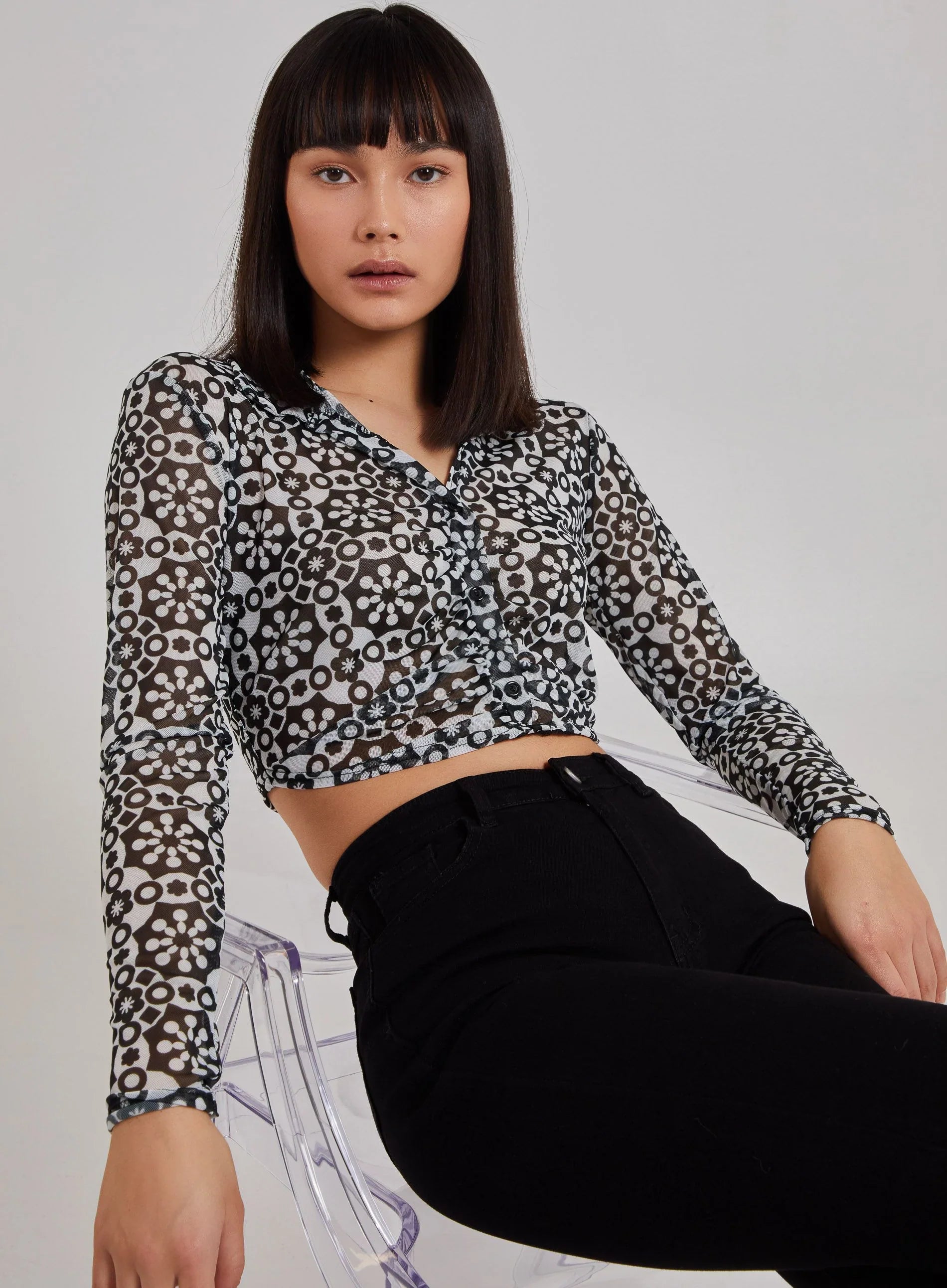 Geometric Print Mesh Button Up Top