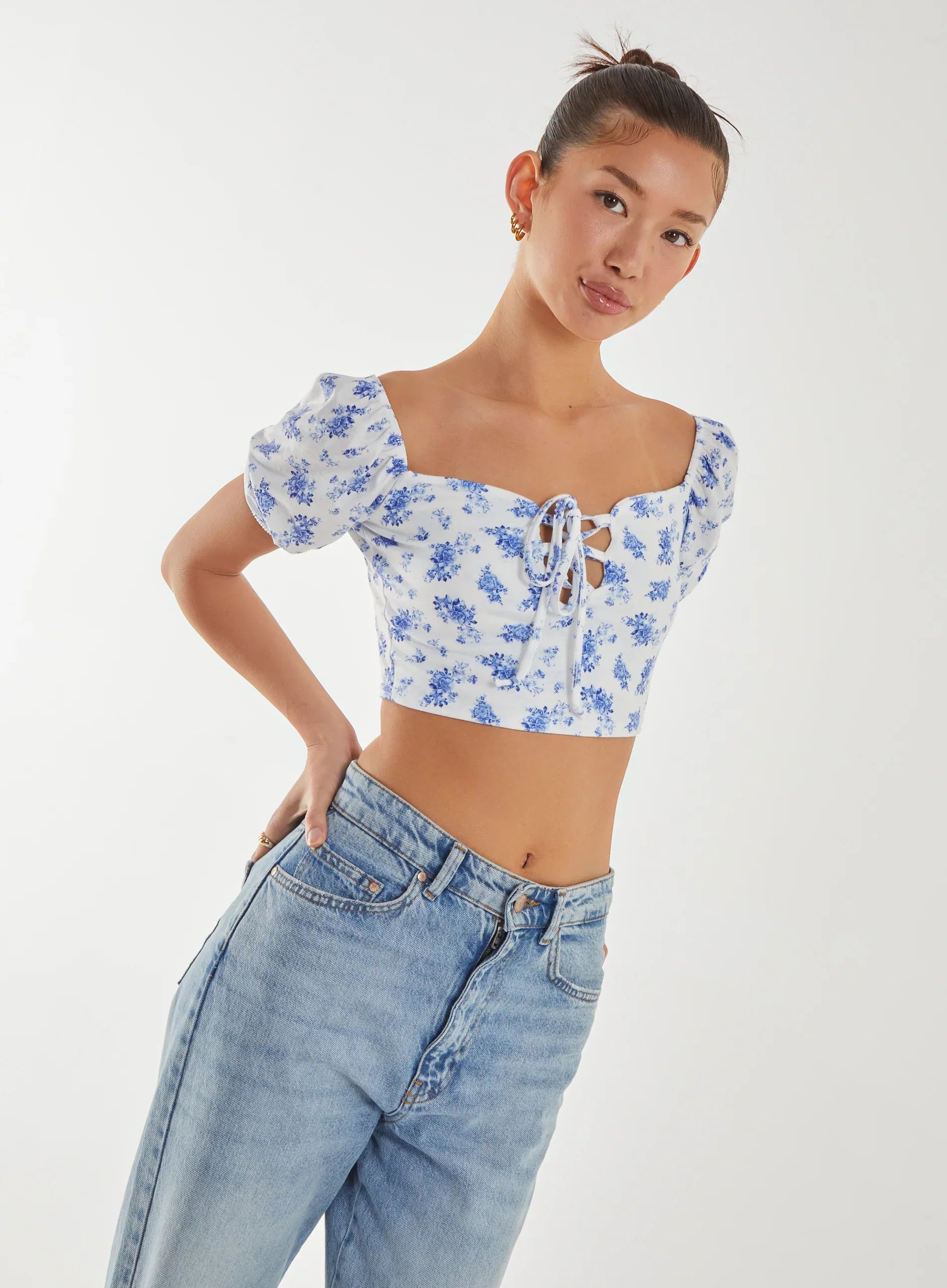Floral Puff Sleeve Crop Top