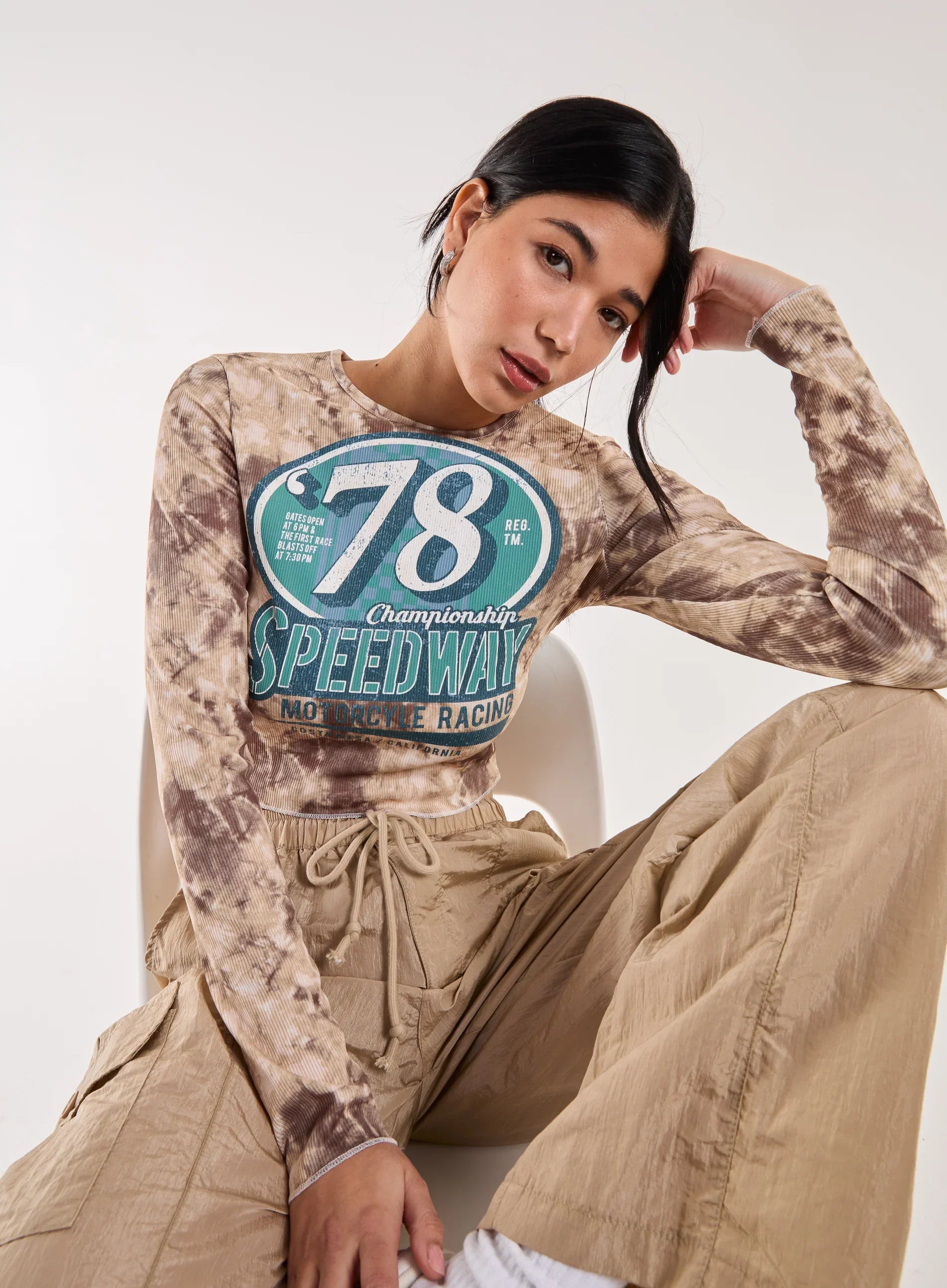 Racer Washed Printed Long Sleeve Top