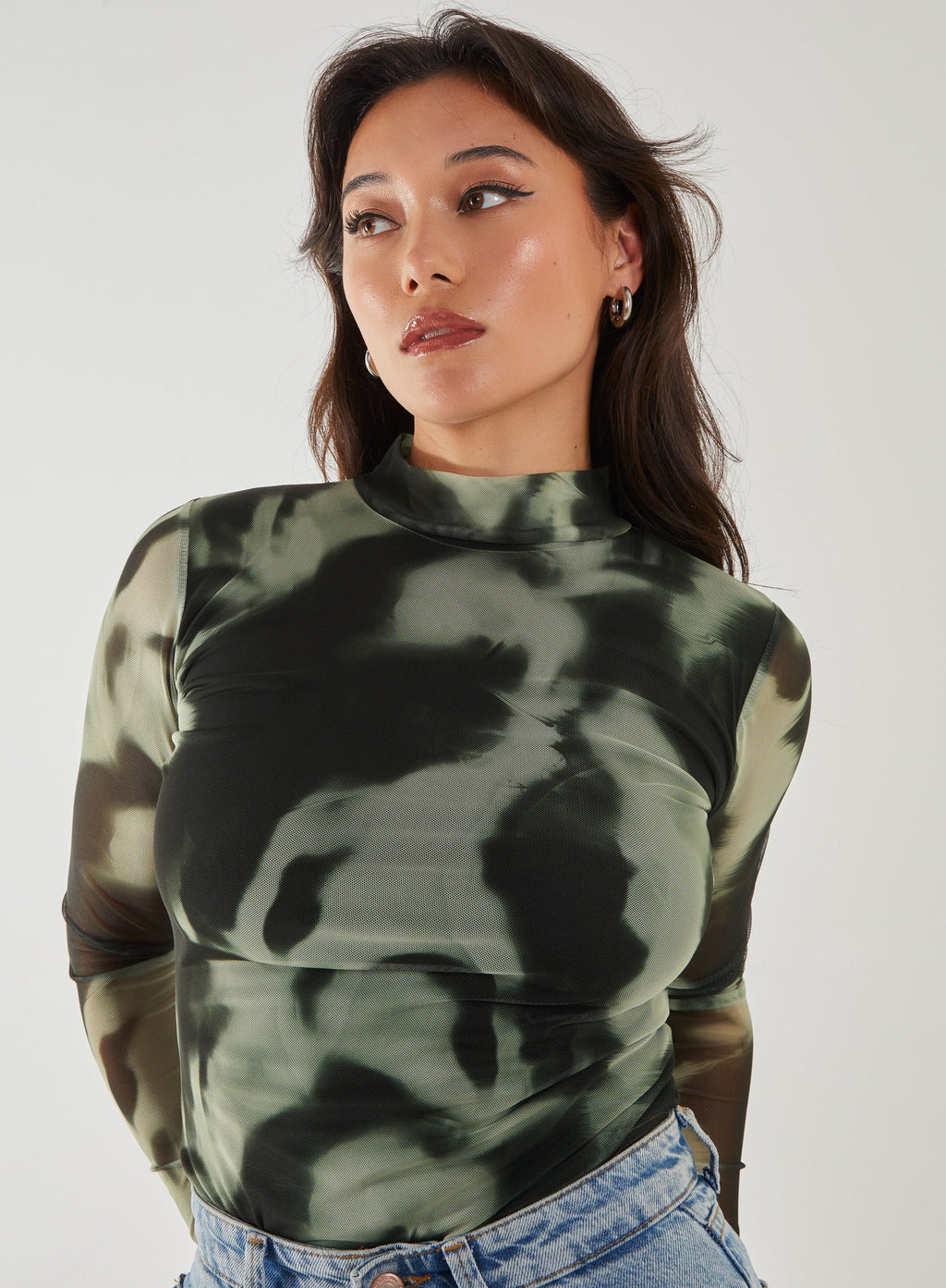 Smokey Print Long Sleeve Mesh Bodysuit