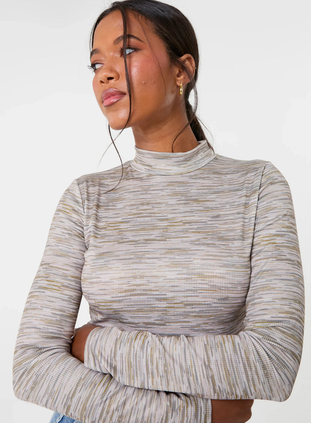 Space Dye High Neck Long Sleeves Crop Top