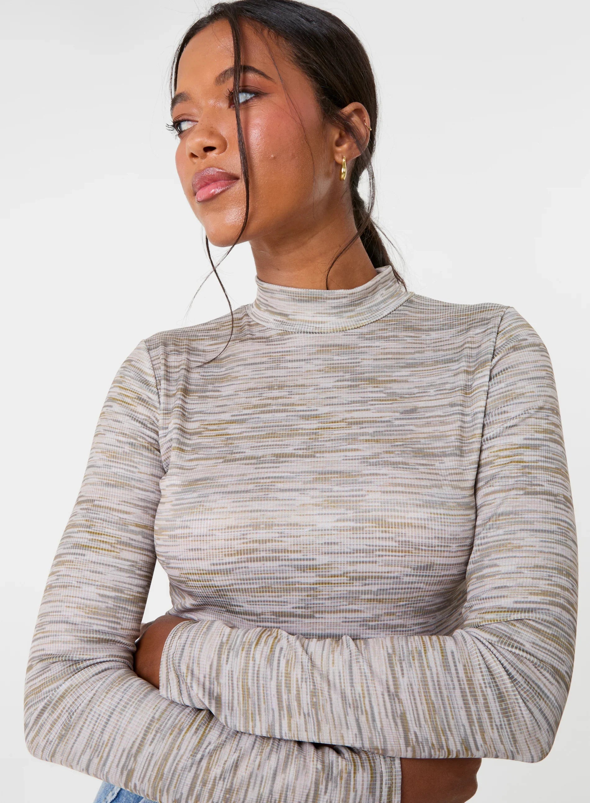 Space Dye High Neck Long Sleeves Crop Top