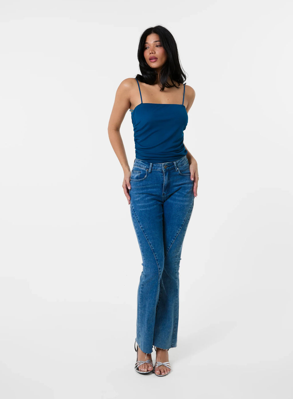 Ruched Mesh Strappy Bodysuit