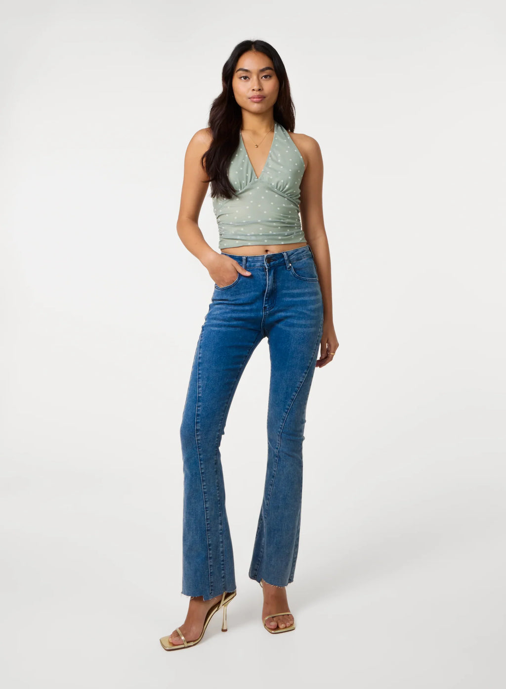 Ruched Side Halter Top In Polka Dot