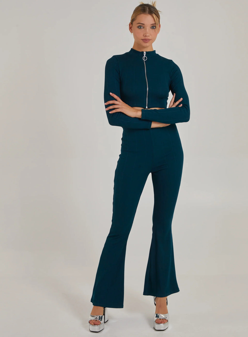 Wide Ribbed Flare Trousers