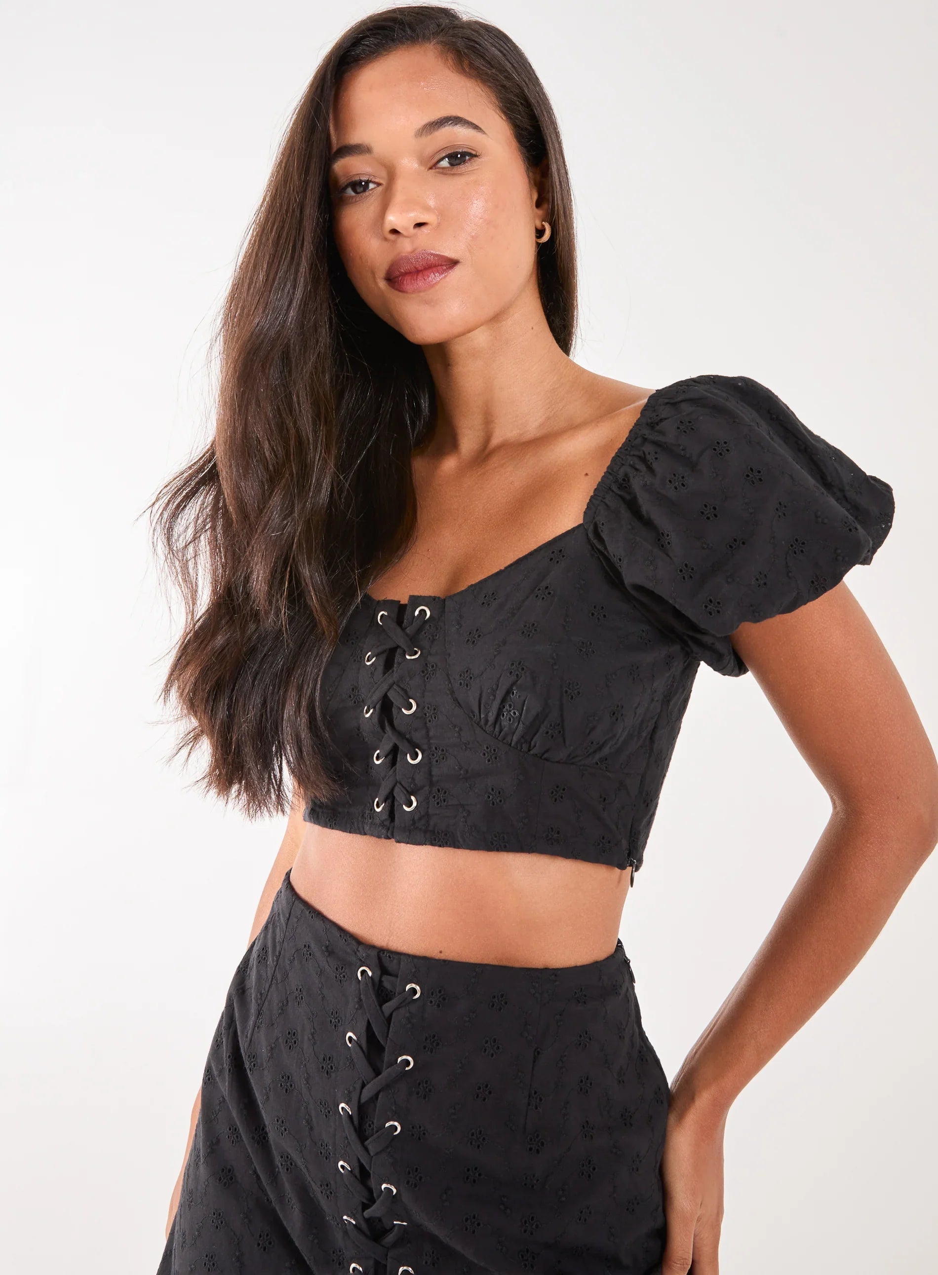 Lace Up Corset Puff Sleeve Broderie Crop Top