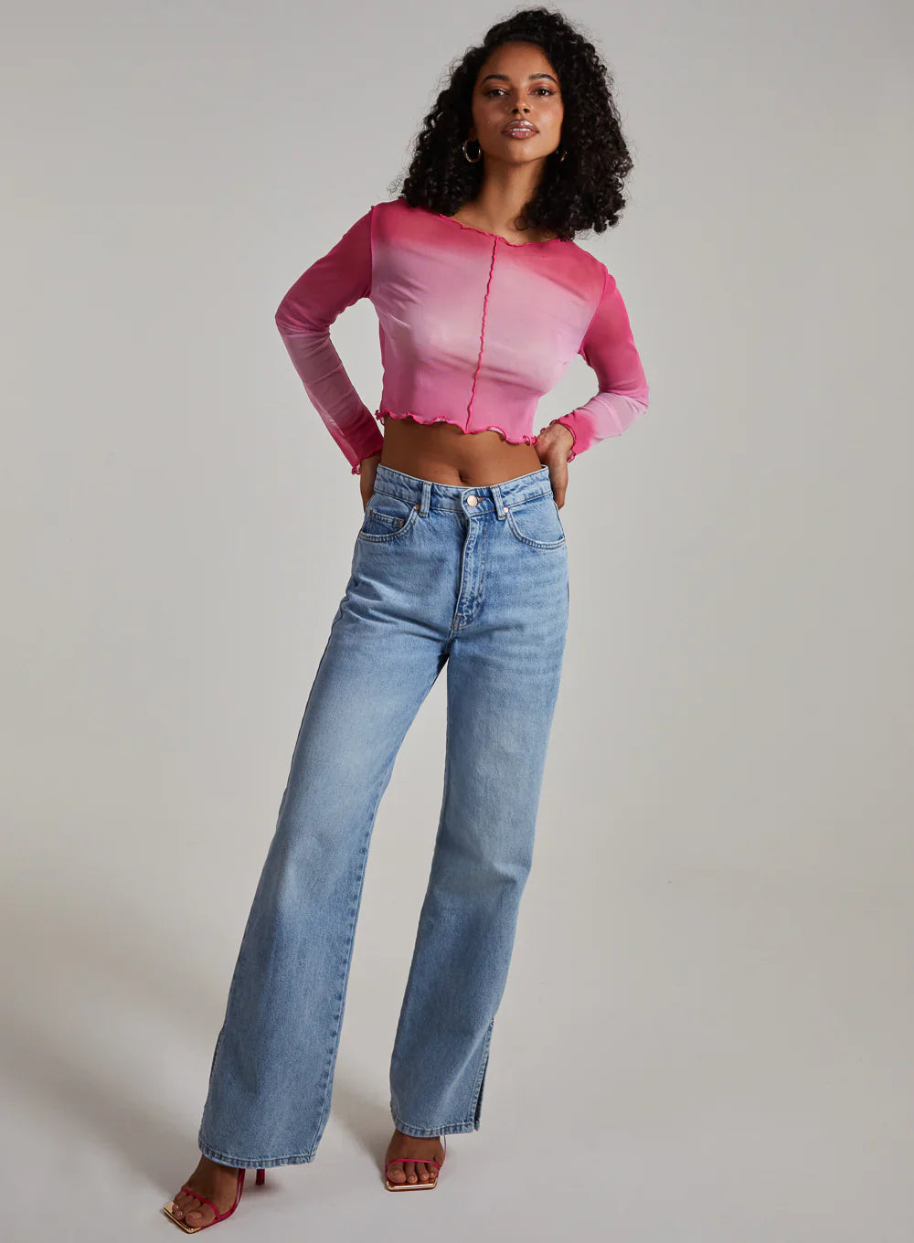 Ombre Exposed Long Sleeve Mesh Crop Top