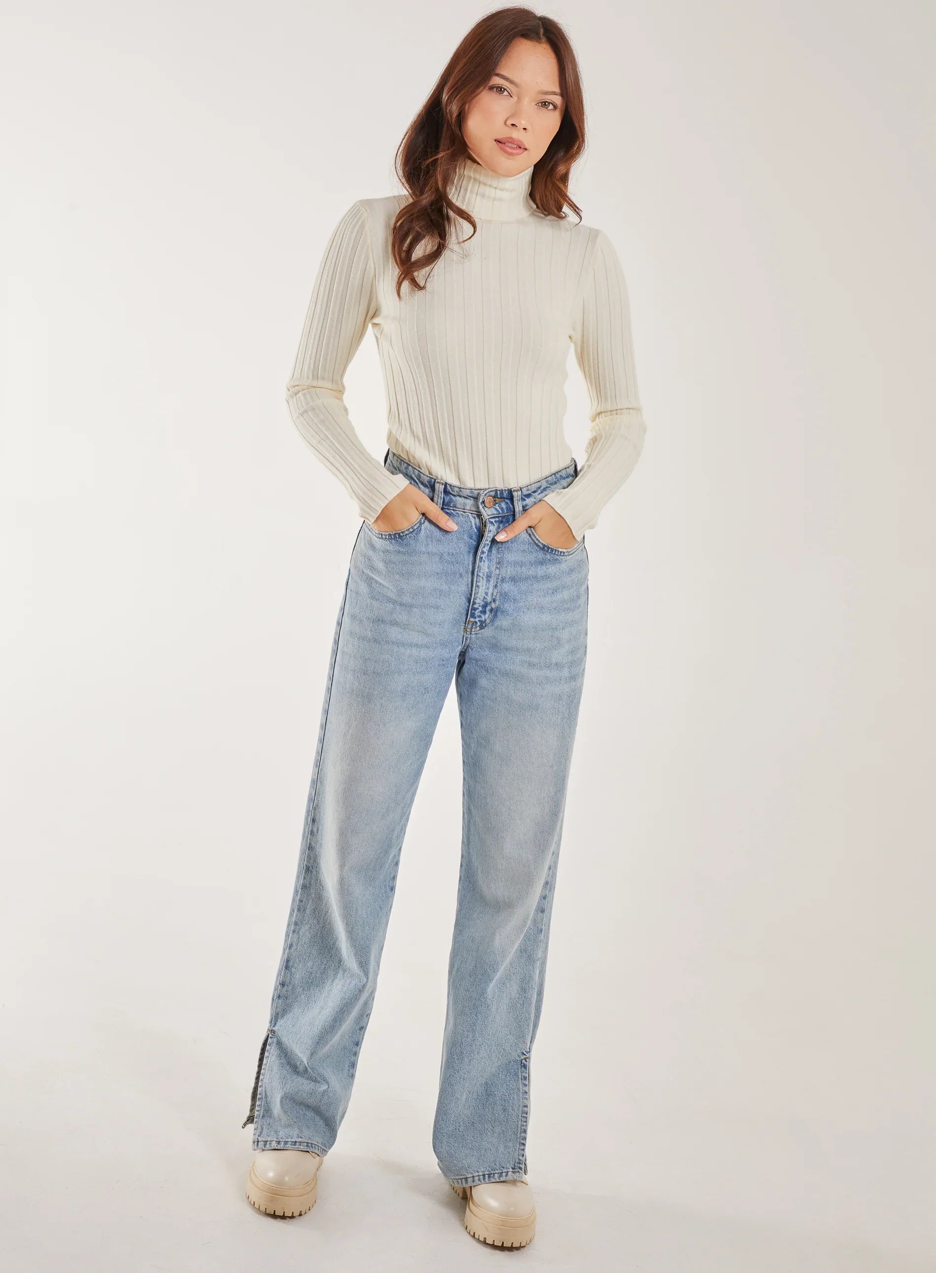 Soft Knit Wide Rib Roll Neck Top