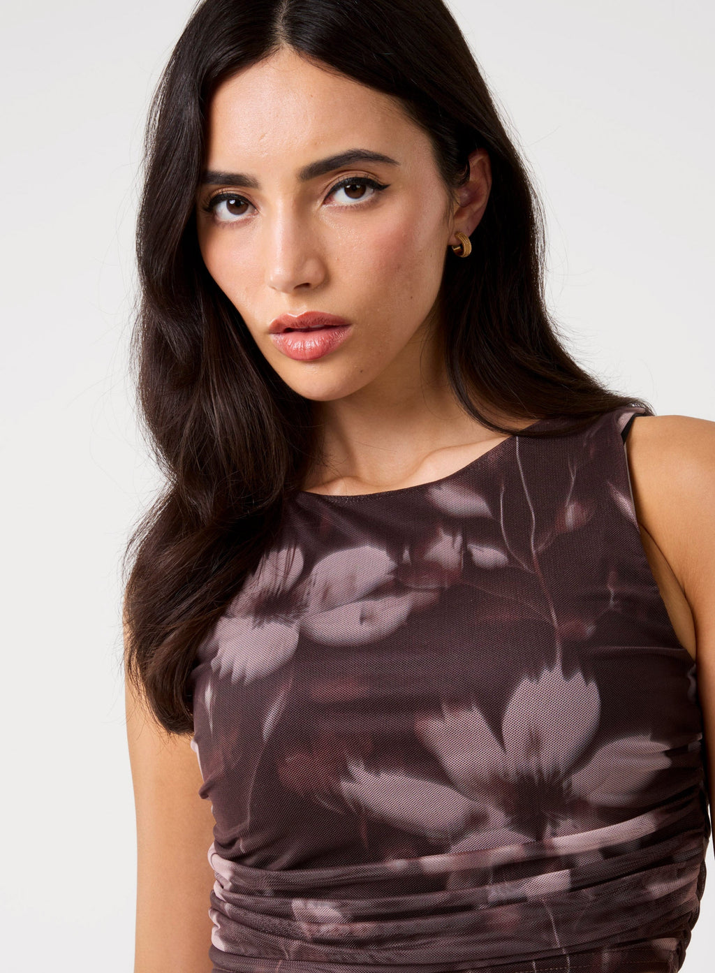 Floral Mesh Ruched Side Top