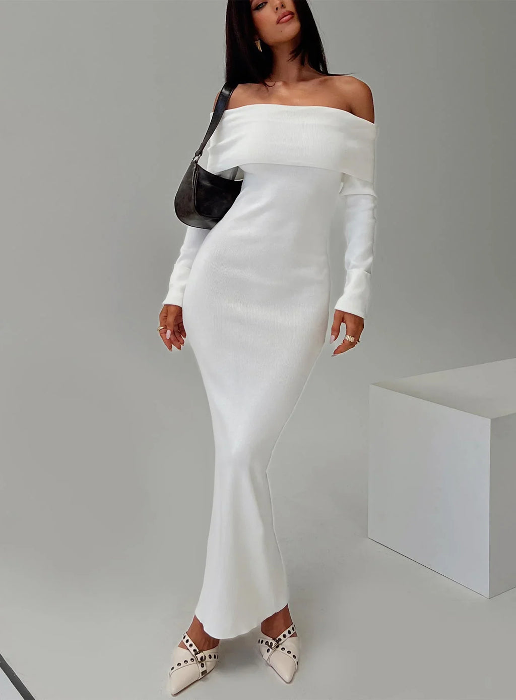 Celestara Long Sleeve Off Shoulder Maxi Dress White