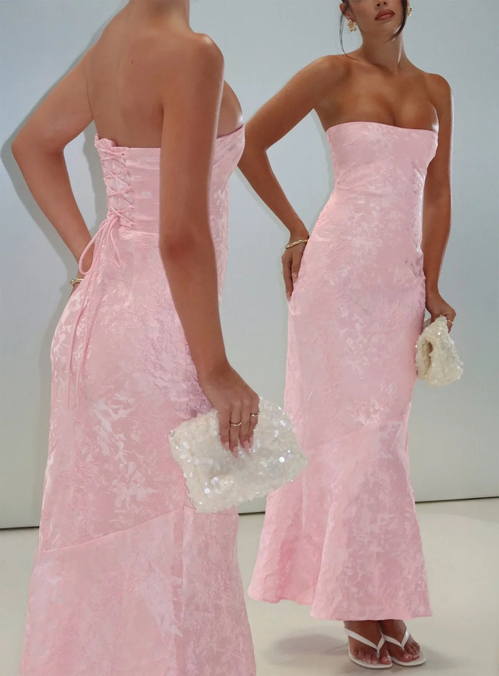 Lips Are Sealed Strapless Lace-Up Back Maxi Dress Pink