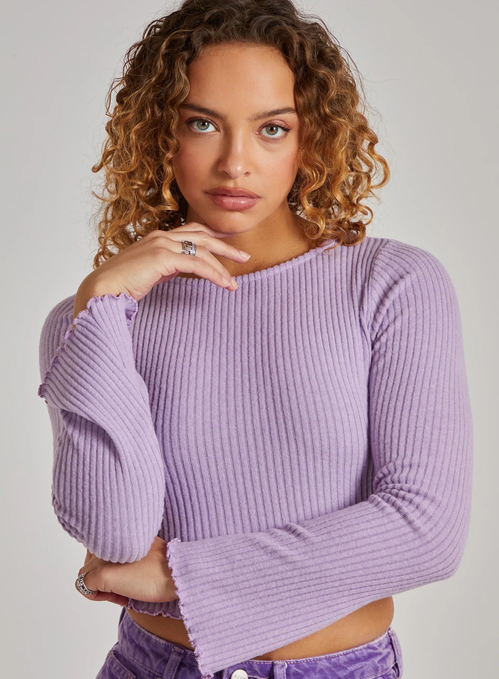 Soft Wide Brushed Ribbed Lettuce Hem Long Sleeve Top