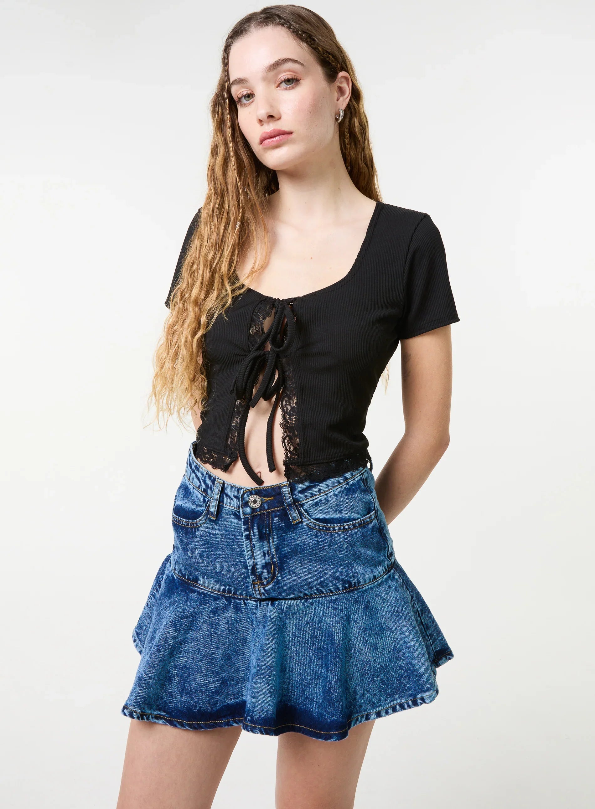 Ribbed Lace Tie Front Top
