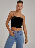 Velvet Rhinestone Straps Ruched Crop Top