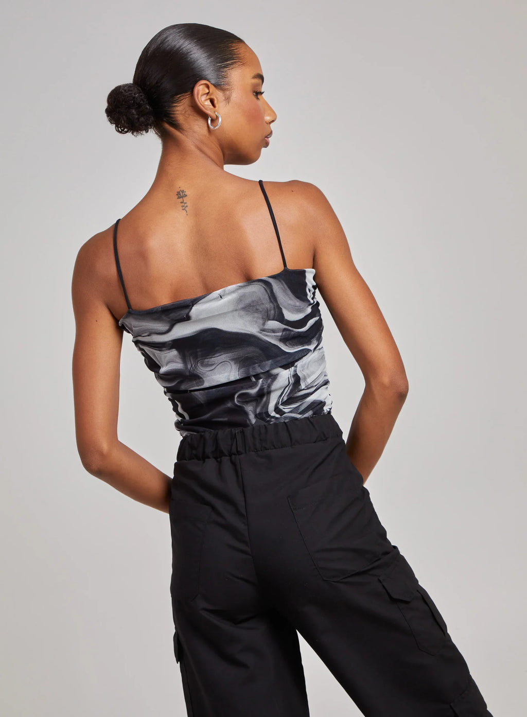 Mesh Marble Ruched Cami Strap Bodysuit