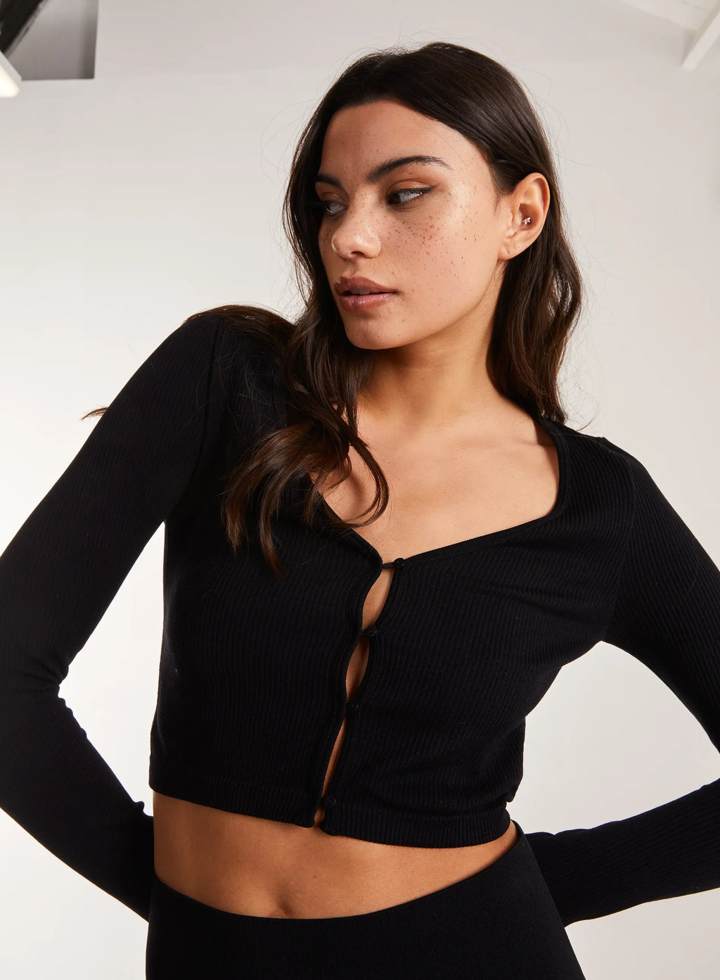 Rib Long Sleeve Button Down Top