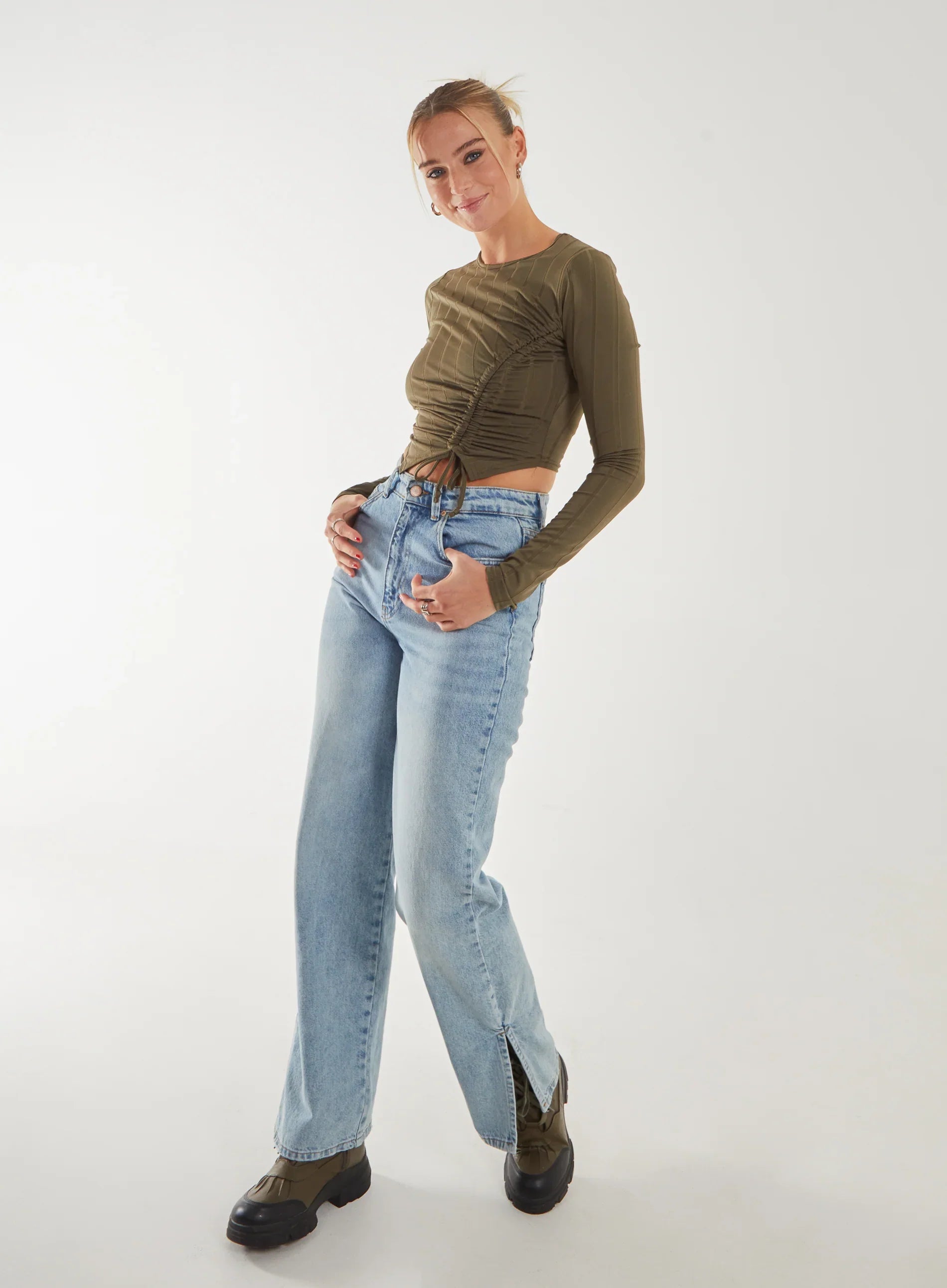 Long Sleeve Ruched Asymmetric Top