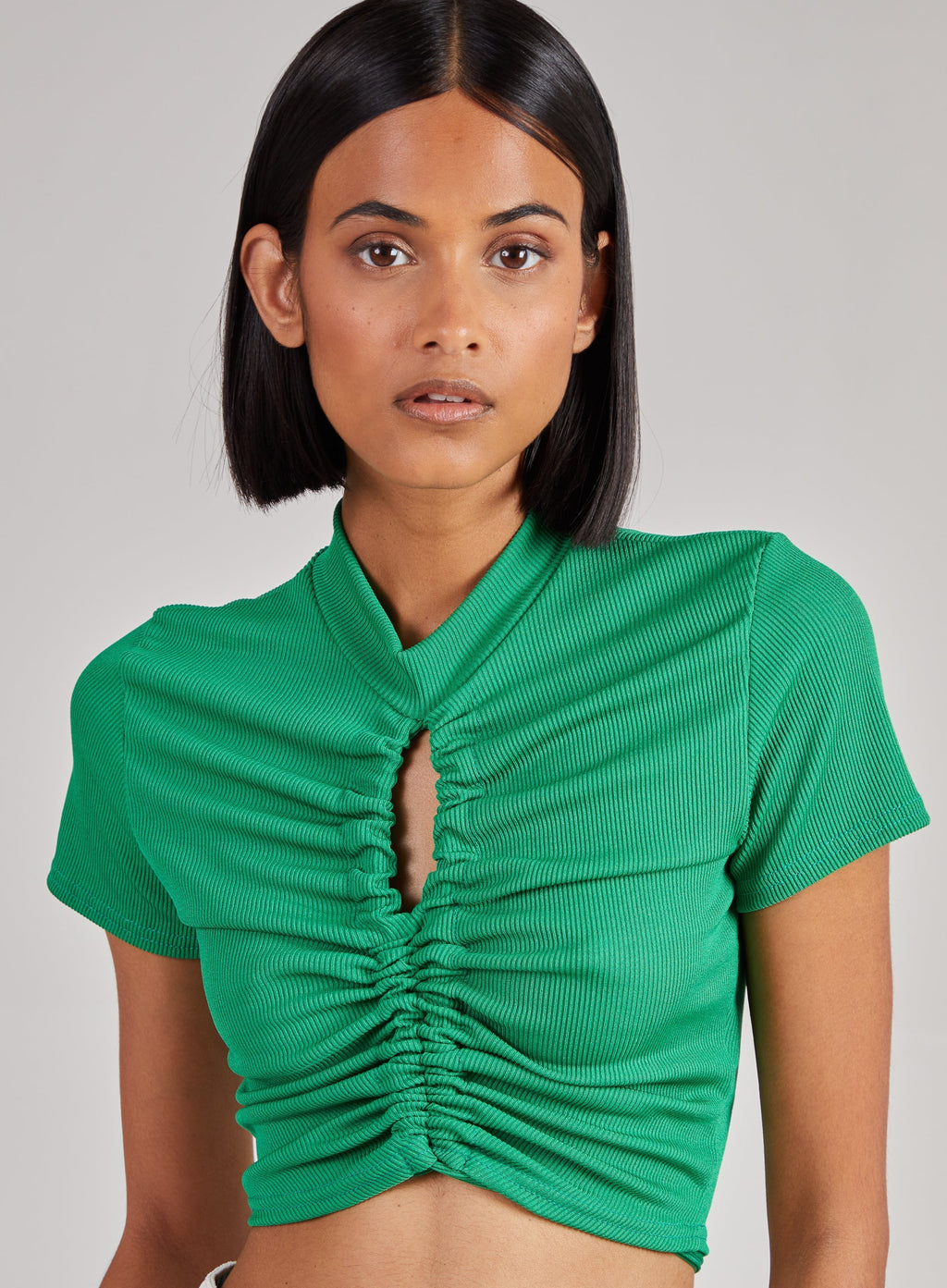Short Sleeve Gathered Keyhole Ribbed Top