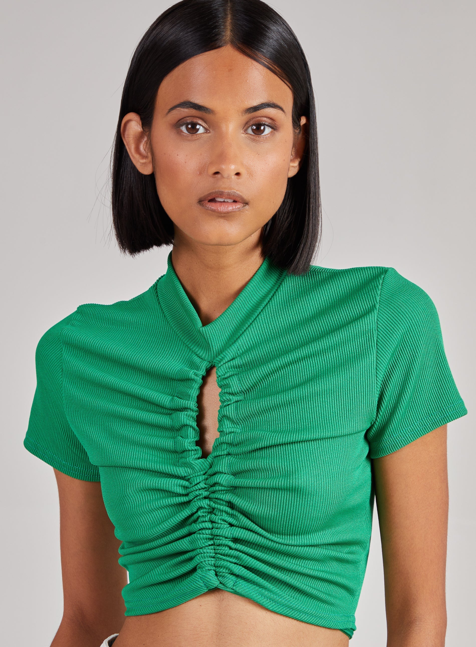 Short Sleeve Gathered Keyhole Ribbed Top
