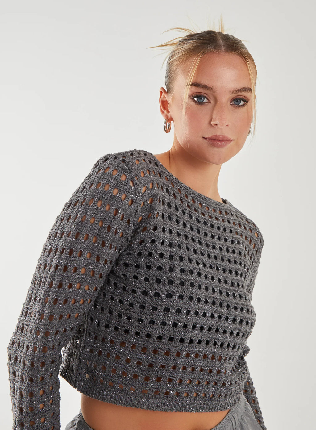 Metallic Long Sleeve Crochet Top