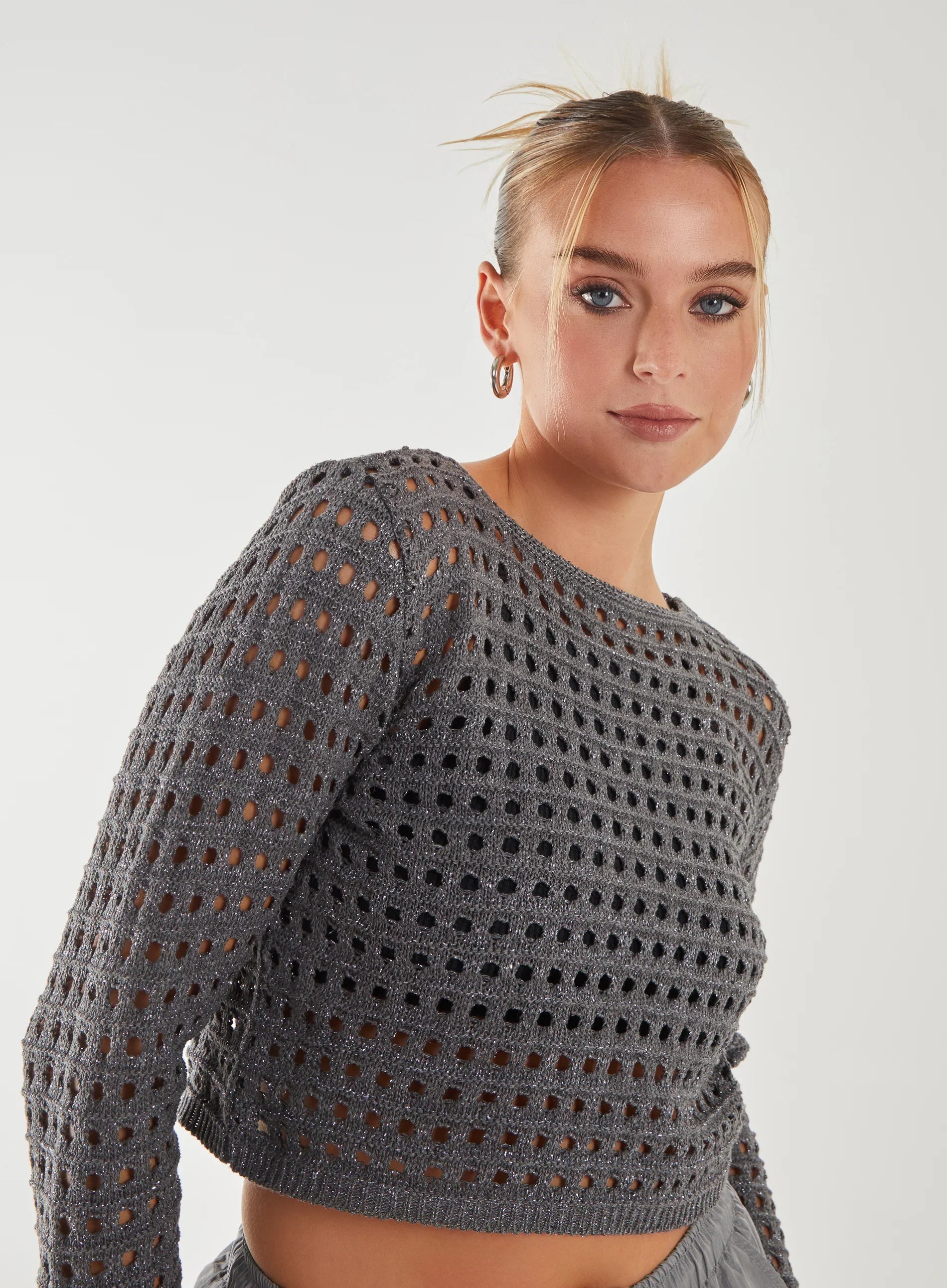Metallic Long Sleeve Crochet Top