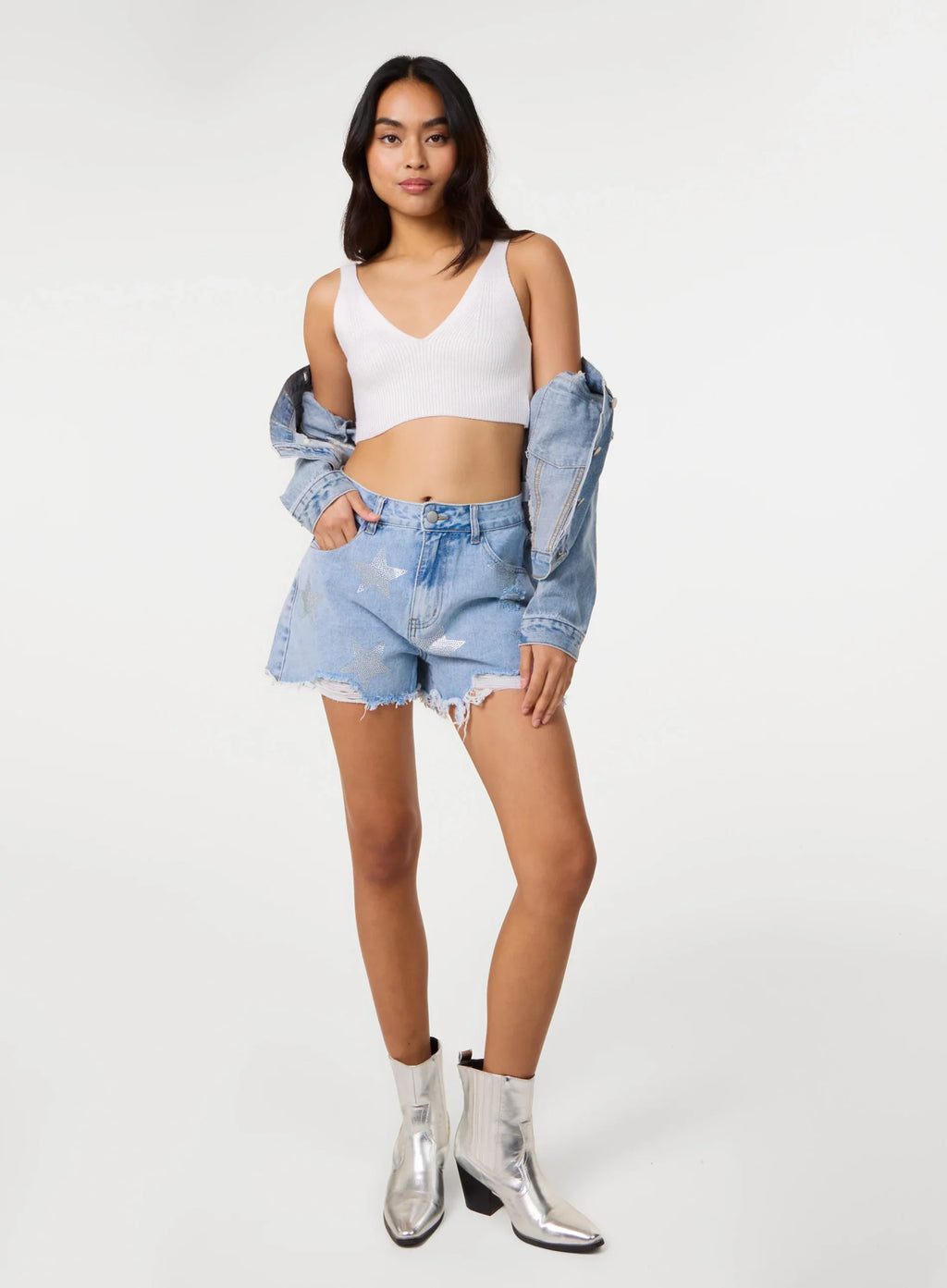 Star Embellished Denim Shorts