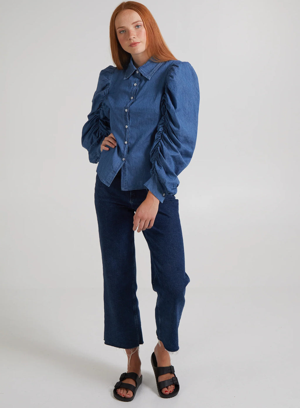 Ruched Sleeve Denim Shirt