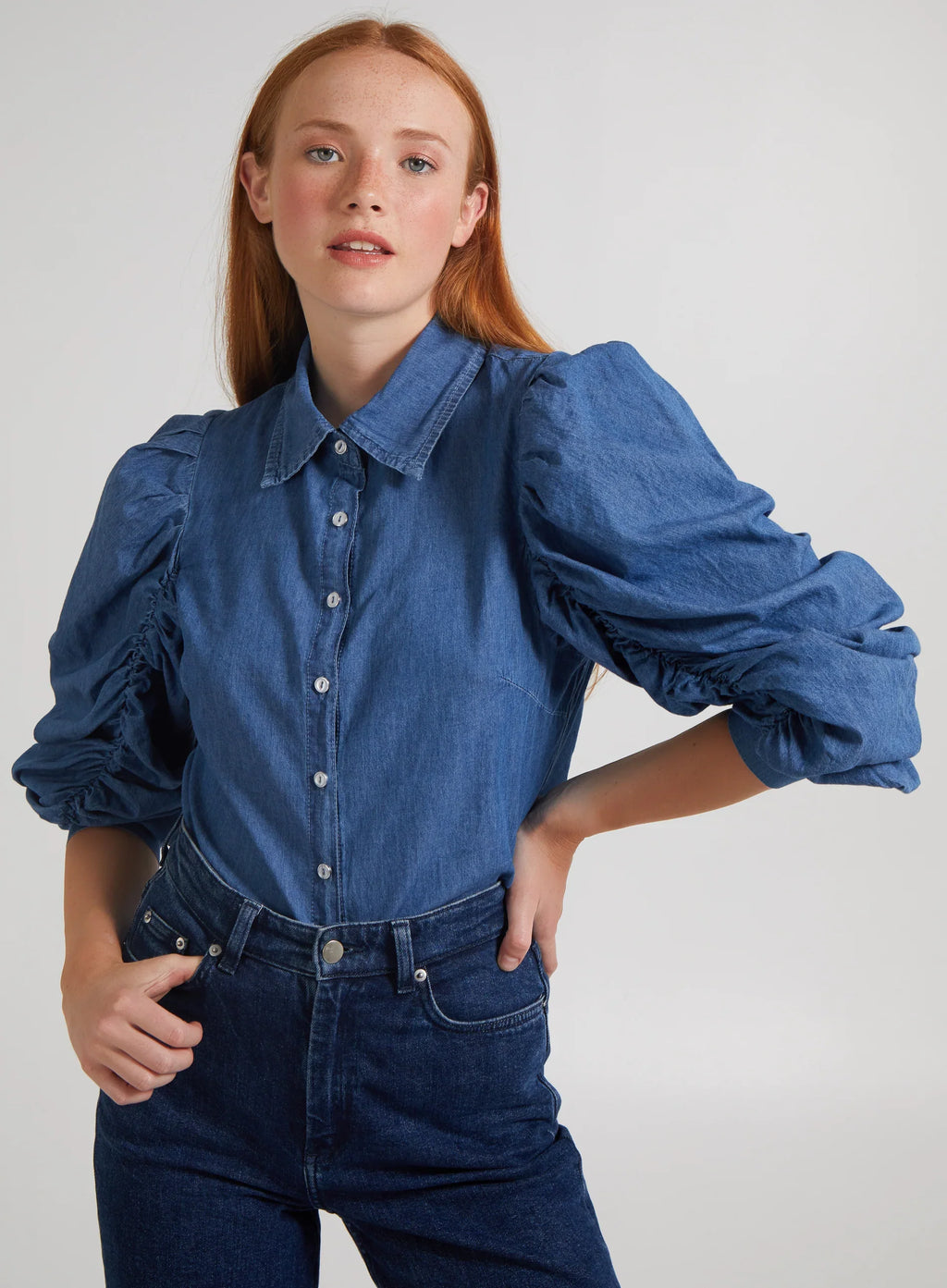 Ruched Sleeve Denim Shirt