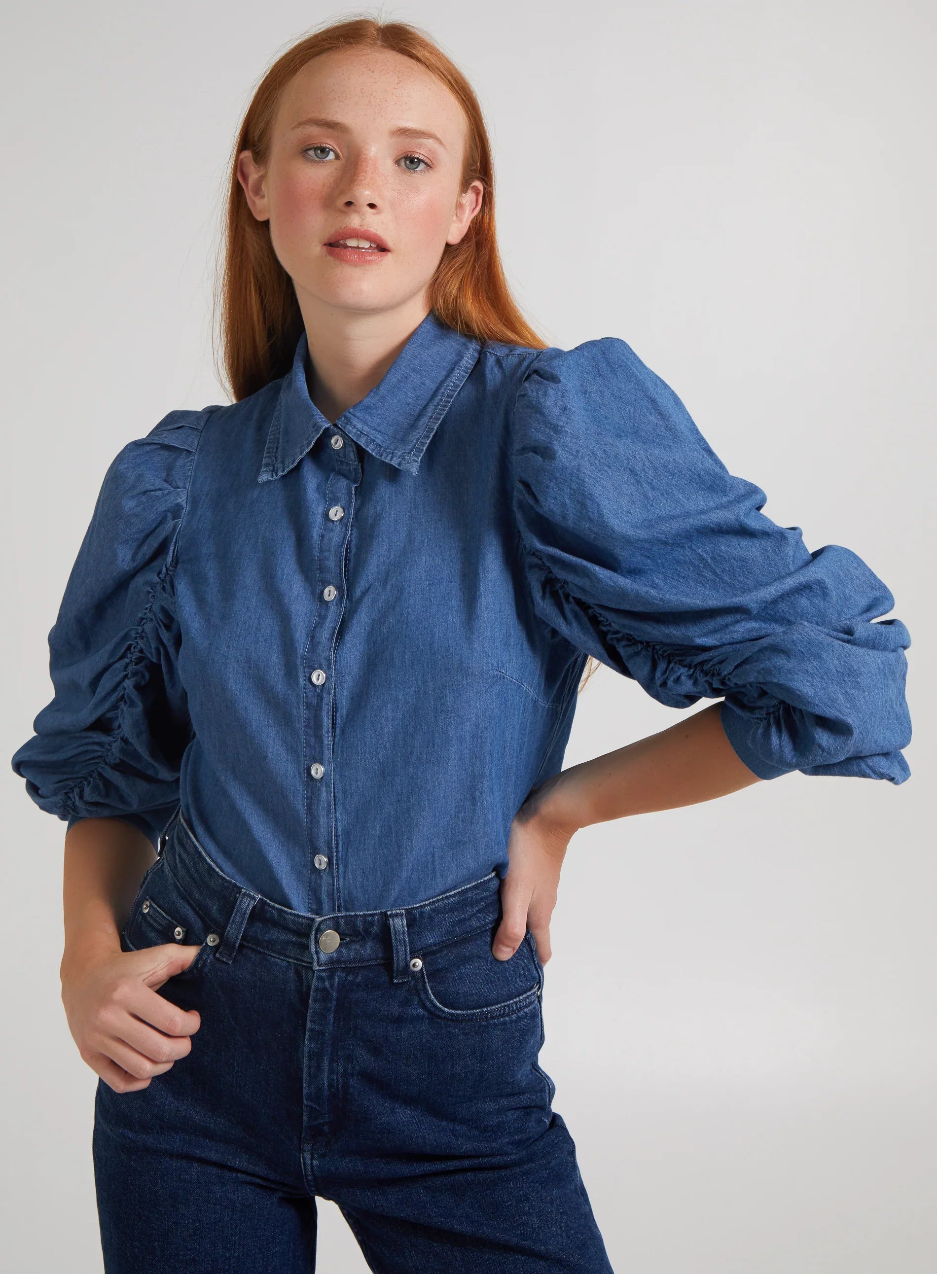 Ruched Sleeve Denim Shirt