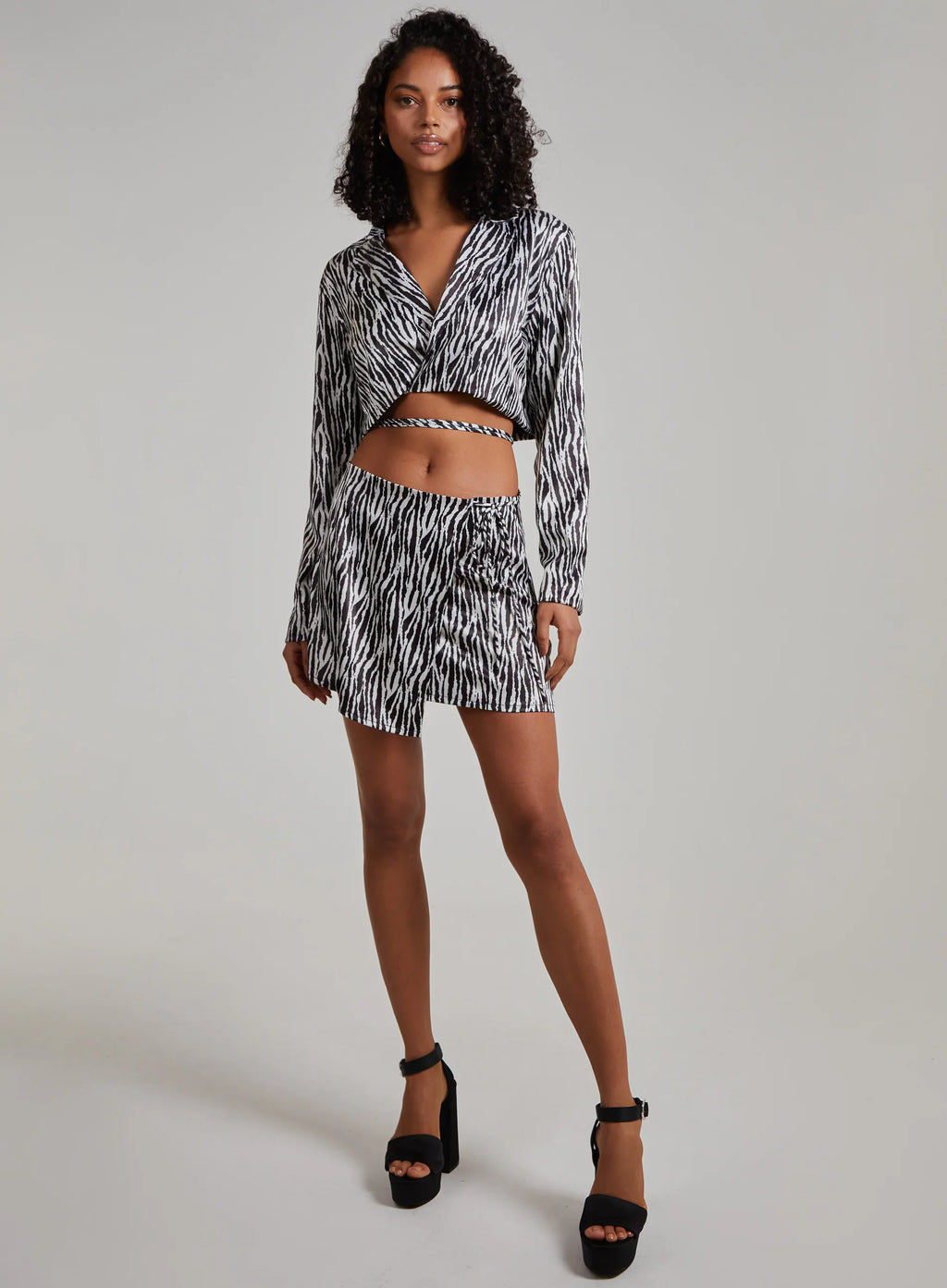 Zebra Satin Wrap Front Tie Up Mini Skirt