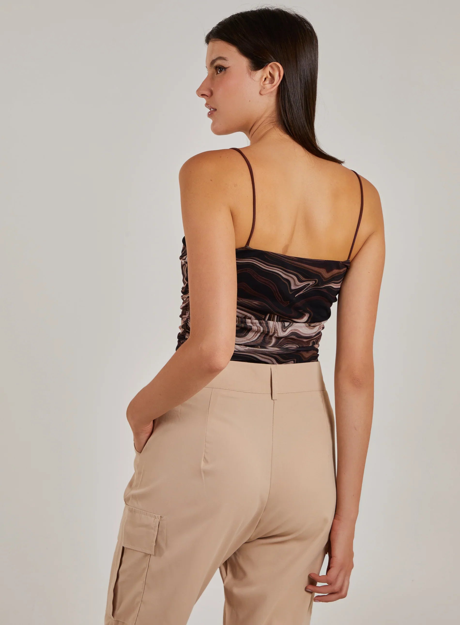 Mesh Marble Ruched Cami Strap Bodysuit