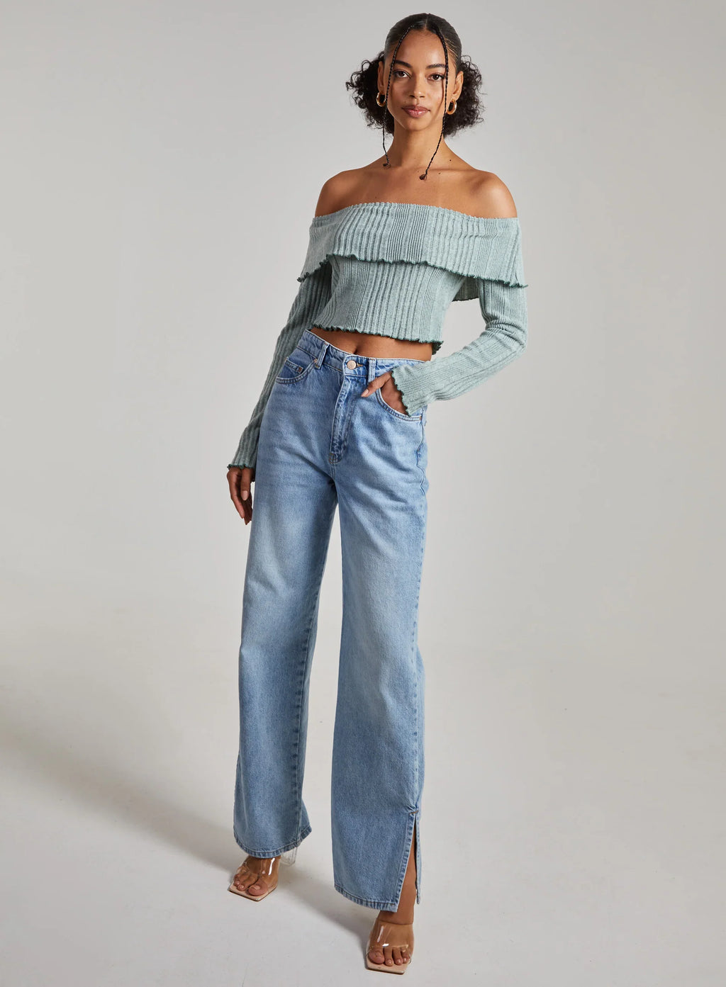 Wide Brushed Ribbed Bardot Top