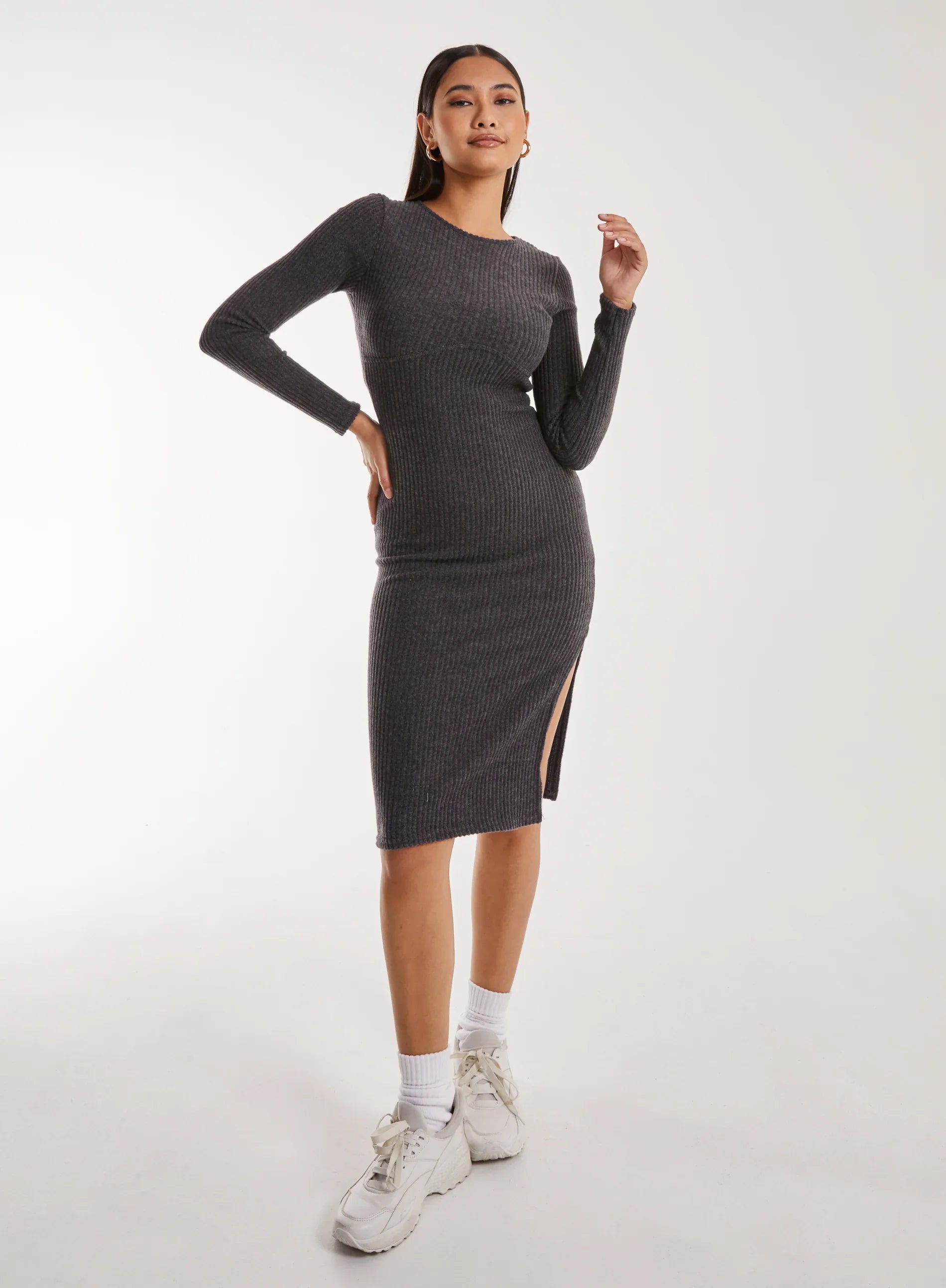 Soft Brushed Rib Long Sleeve Midi Dress